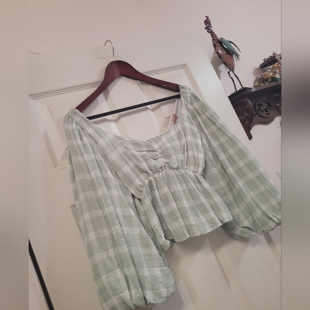 New Show Me Your MuMu Sage Green Gingham Ruffle Crop Smocked Top Small - Picture 5 of 8